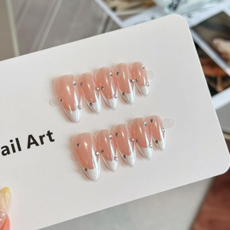 10Pcs Nude French Press On Nails - Almond Fake Nails with Rhinestone Accents XS