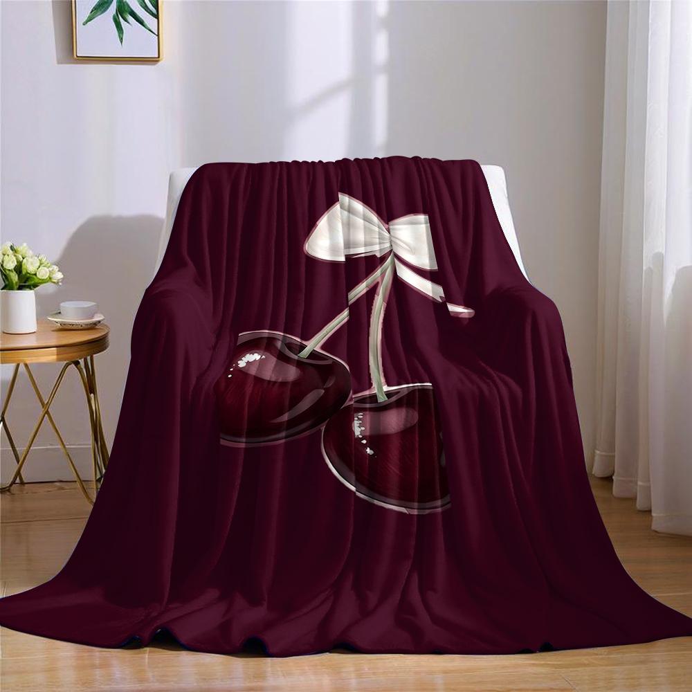 Burgundy Cherry Bow Flannel Blanket Warm Soft Halloween Christmas Couch Warm Cozy Decorative Decor Gift for All Season