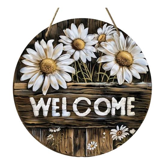 Floral Pattern Wood Sign Wooden Daisy Welcome for Front Door, Rustic Farmhouse Hanging Wall Decor Indoor Outdoor with Hemp Rope, Plaque Home Entrance