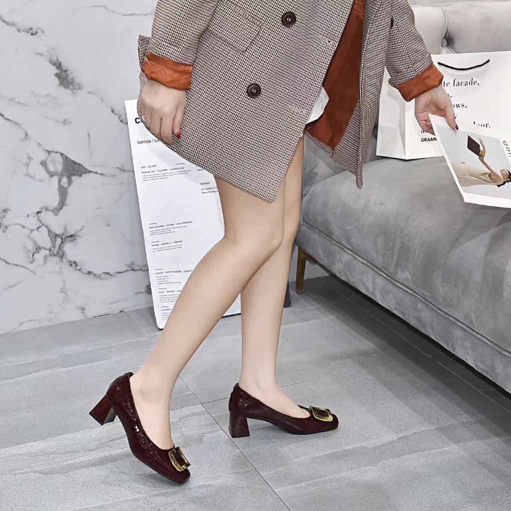Square Head High Heels Women's Spring and  New Shallow Thick Heels Women's Shoes Square Buckle Work Shoes Cow Patent Leather High Heels Single Shoes