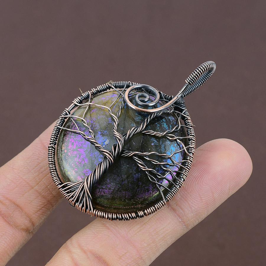 Natural Tree Of Life Labradorite Gemstone Copper Wire Wrap Pendant 2.36 K8y20