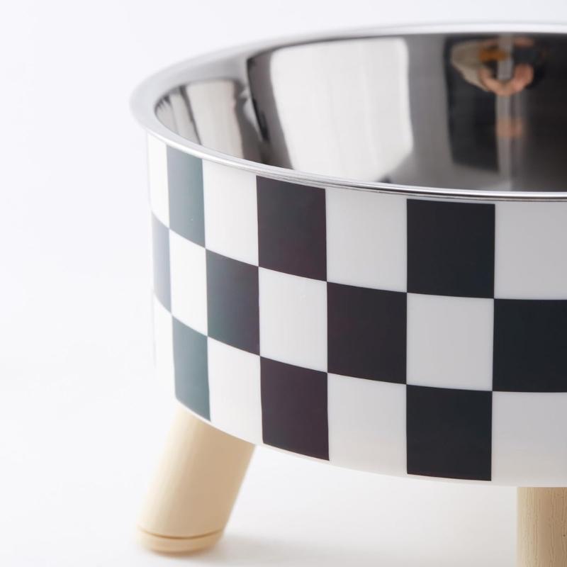 Elevated Dog Bowl Stand With Feeders Dishes For Most Dog Size Checkered Print Food Dish Stainless Steel
