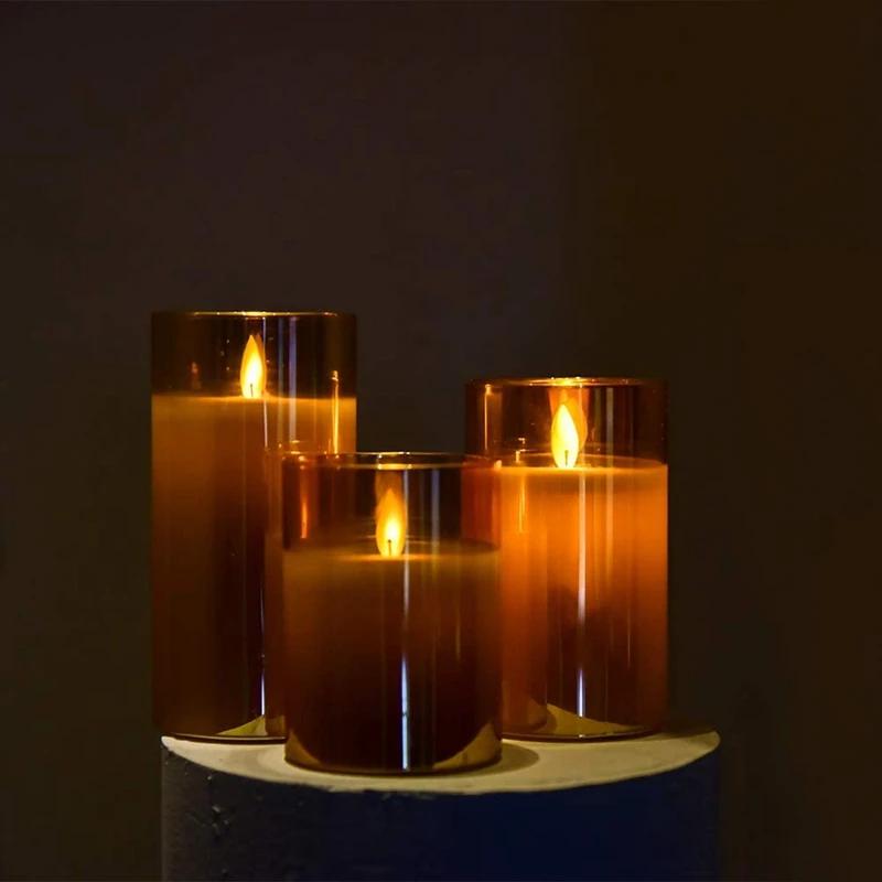 3Pcs/set LED Glass Candle Light Flickering Real Wax Fake Flame Battery Candles with Remote Control  for Christmas Wedding Decor