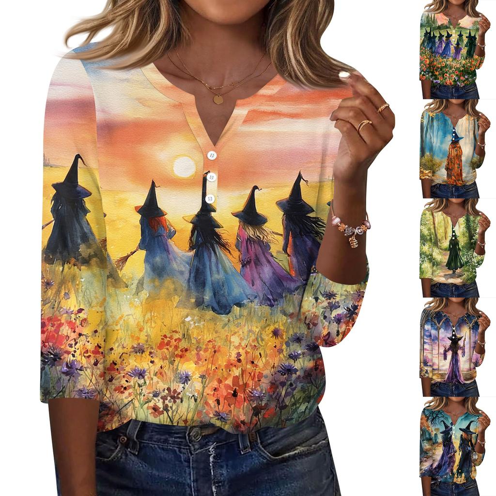 Damen Casual Halloween Print 3/4 Ärmel T-Shirt Top