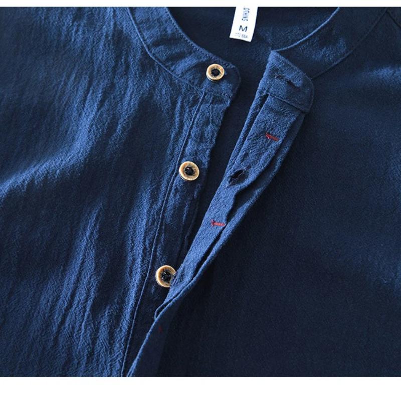 Chinese Retro Style Cotton Linen Tshirt for Men Summer Long Sleeve Top Daily Casual Stand Collar Pullover Men T-shirt 4XL