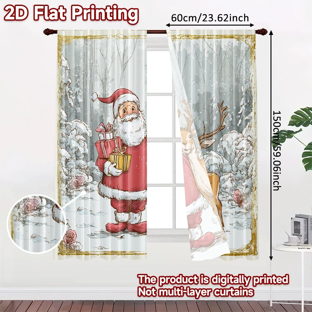 2pcs, 2D FLAT PRINTING Curtains (Without Rod) Santa and Reindeer Halloween Festival Creative Curtains Machine Washable Fabric