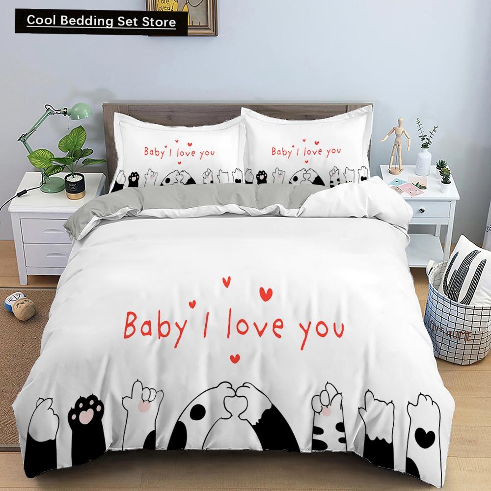 3D Cat King Queen Duvet Cover Cute Cartoon Kitty Bedding Set for Kids Teens Adults Pet Animal White 2/3pcs Polyester Quilt Cover