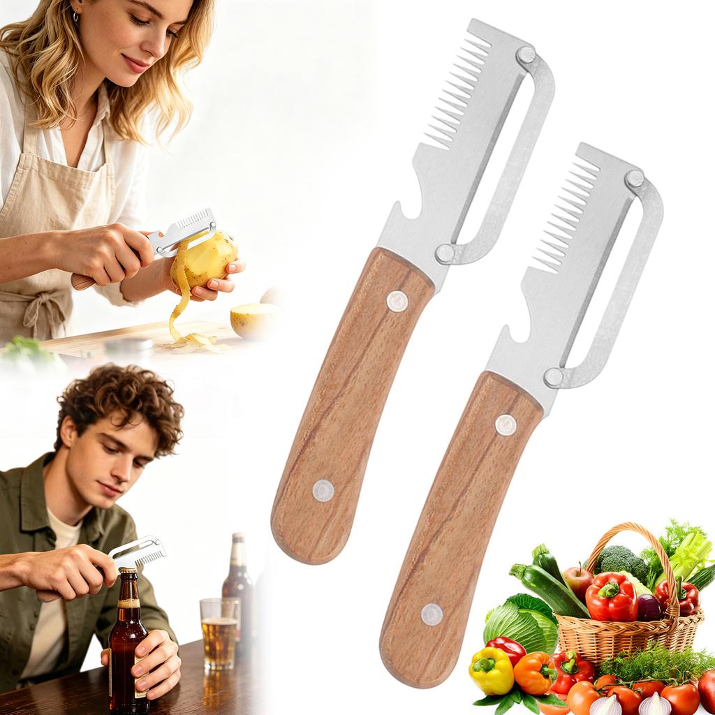 Taglia Cipollotti Multifunzione in Acciaio Inossidabile Tre in Uno Tritatutto e Pelapatate con Manico in Legno per Uso in Cucina