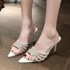 Sexy High Heels Slipper Women Summer CRYSTAL Narrow Band Pointed Toe Slides Stripper Party Sandal Mule Shoes