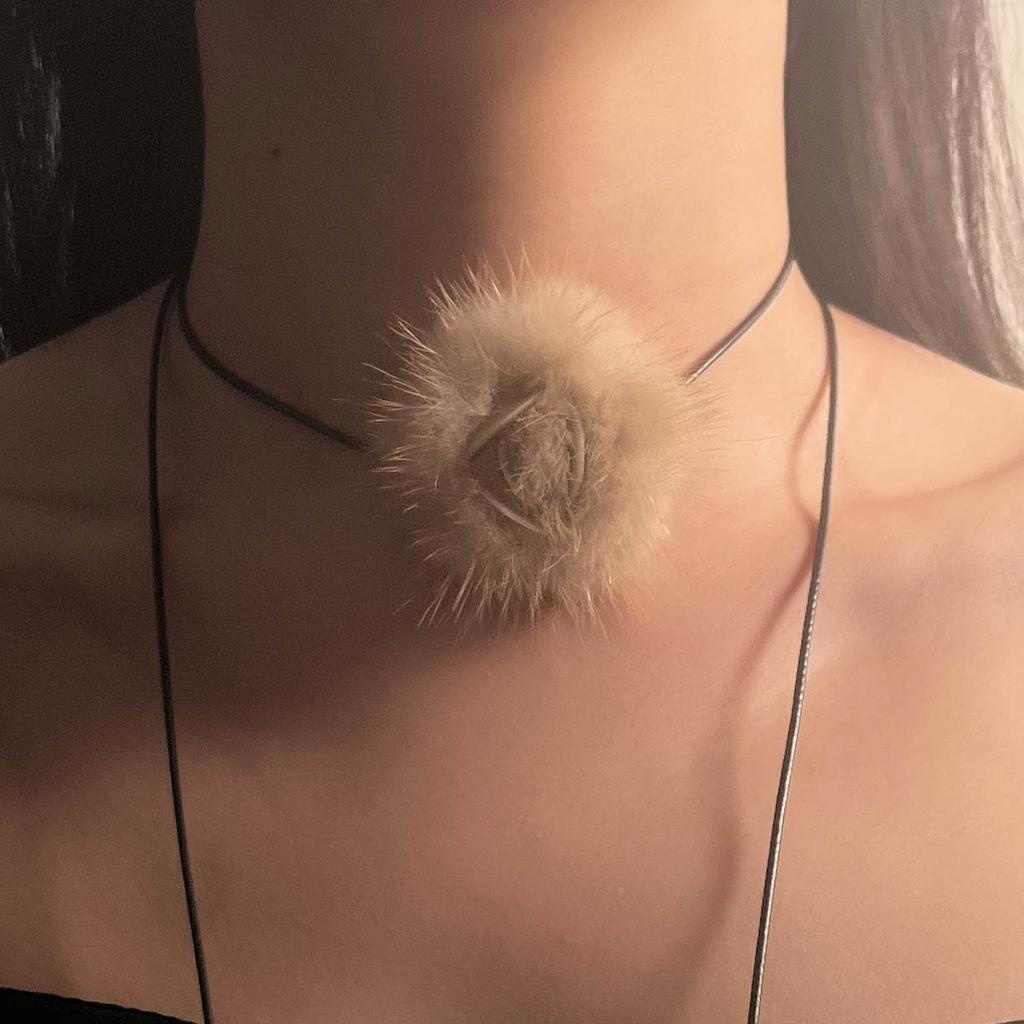 French light luxury high-end niche design sense flower plush pendant long leather rope women's necklace versatile fashion