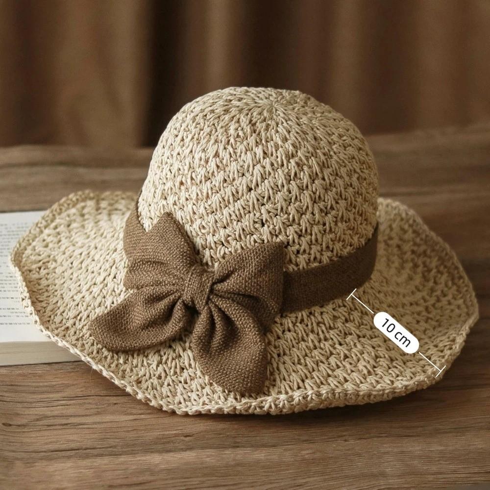 Vintage Atmungsaktiver Geflochtener Strohhut Faltbar mit Schleife Strandkappe Breitere Krempe UV-Schutz Sonnenschutzhut Damen