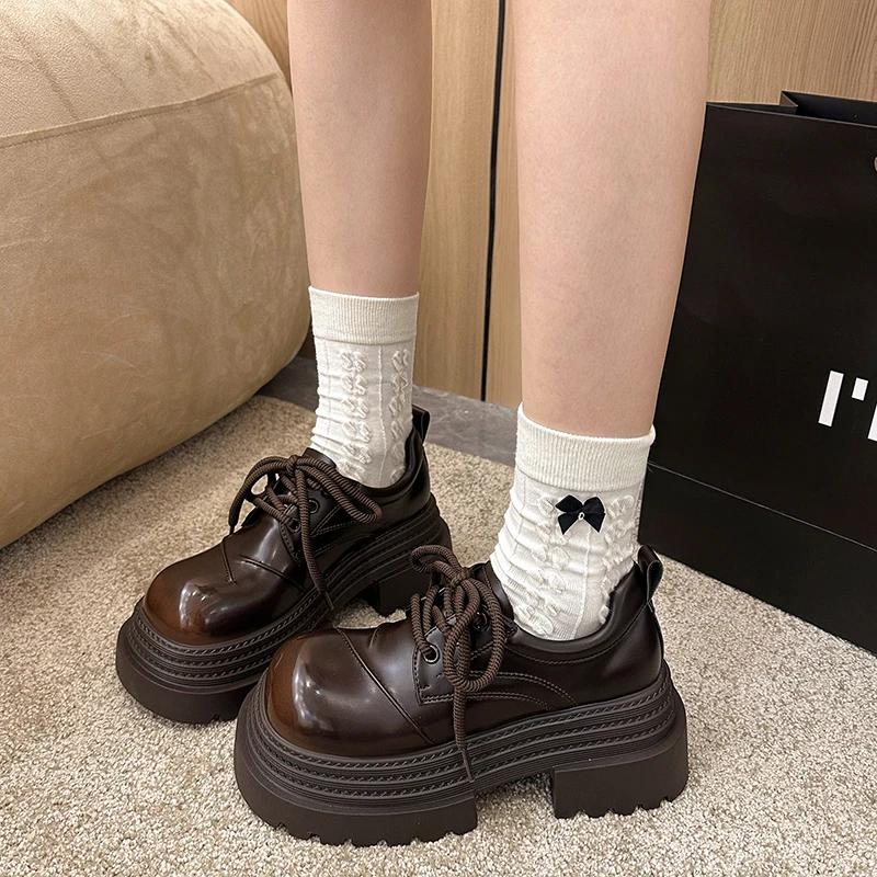 Fashion Spring New Thick Heel Single Shoes Women's Fashion Round Head Deep Mouth Front Lacing Thick Soles Non-slip Loafers