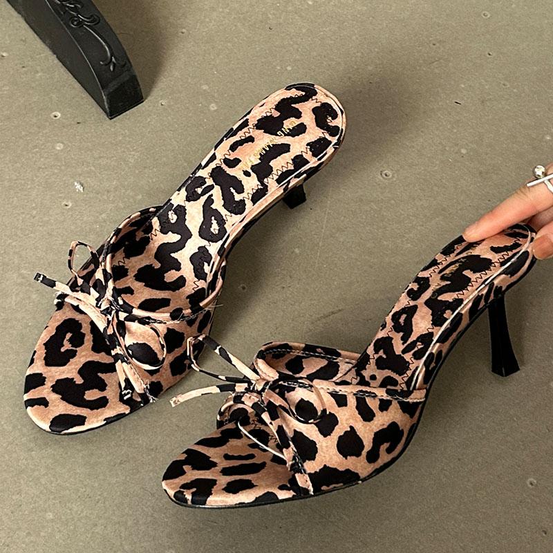 Fashion Fashion Leopard Print Ladies Pumps Slides Thin Heels Shoes 2024 New Female Butterfly-Knot Peep Toe Footwear Women Heels Shoes