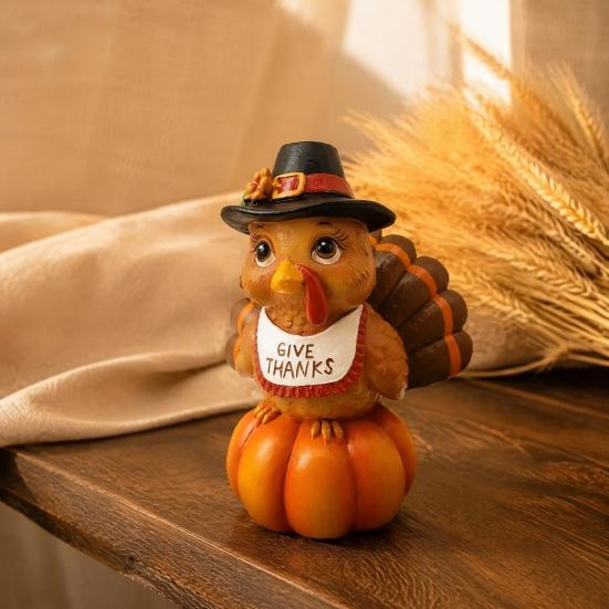 Holiday Gift for Friends And Family Resin Turkey Pumpkin Ornament Thanksgiving, Autumn Harvest Festive Tabletop Cute Statue Figurine with Retro