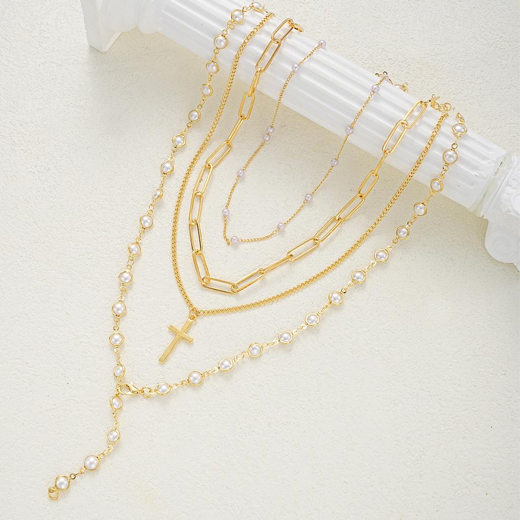 4pcs Vintage Metal Cross Pendant Y-Necklace Set Bohemian Gold Color Pearl Necklaces For Women Daily Vacation Dating Wear Jewelry