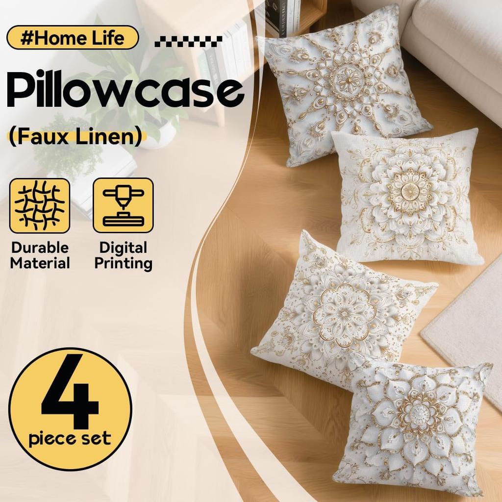 Set 4 Huse Pernă Decorativă Mandala Alb Crem Auriu Huse Elegante Luxe pentru Canapea Living Dormitor Decor Acasă