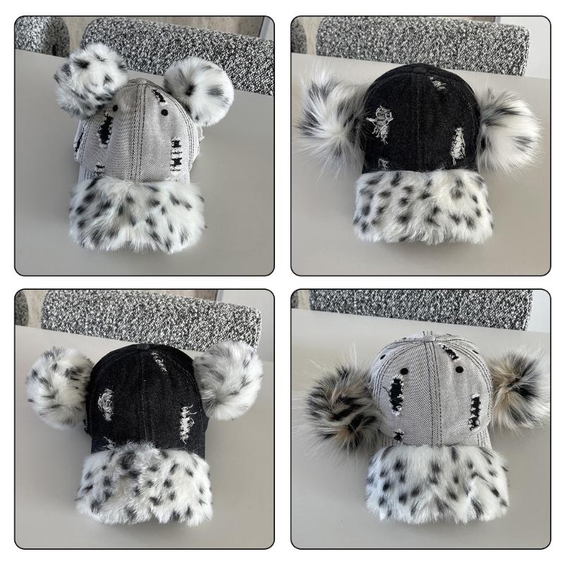 Fashionable Baseball Caps Unique Pompoms Furry Brim Dotted Pattern for Idol Concert Shows Stage Dance Headwear