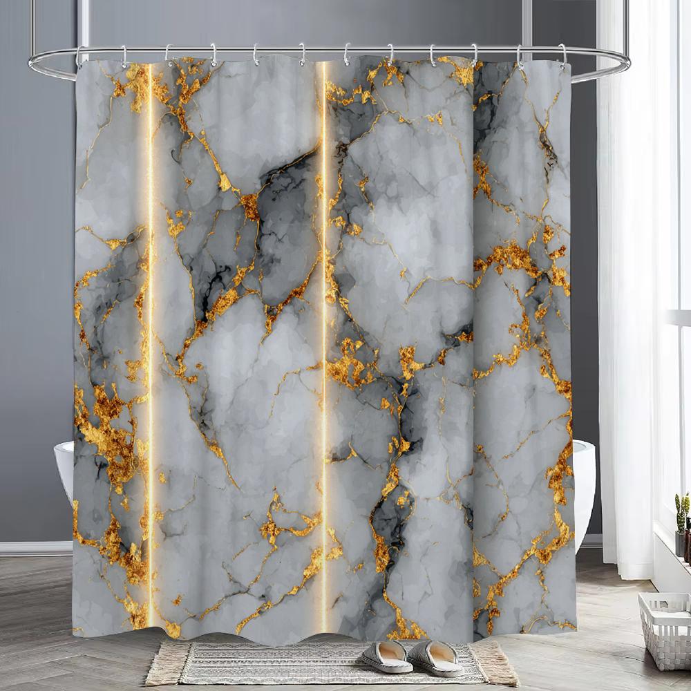 

Luxury Abstract Background Liquid Grey And Gold Marble Texture Shower Curtain,Bathroom Decorative Shower Curtain, With Hooks W60H190(CM)-1 Pcs