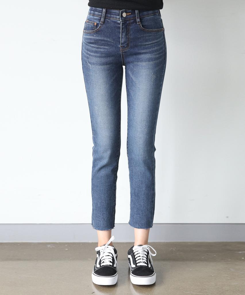 Jikeulib Double-Weave Brushed Fleece Secret Elastic Waist Cut-Off Hem Stretch Jeans