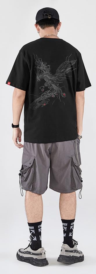 Short Sleeve with Funny Embroidery and Japanese Round Street Cool Summer Sizes FUN501 Men's T-Shirt Pattern, 100% Cotton, Unisex, Casual, Collar,