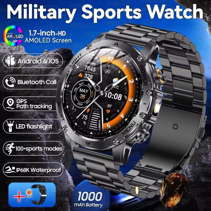 AK87 Men 1000mAh Battery Smart Watch 1.7-inch Large Screen GPS Track Heart Rate 3ATM Waterproof Wireless Call Sports Smartwatch