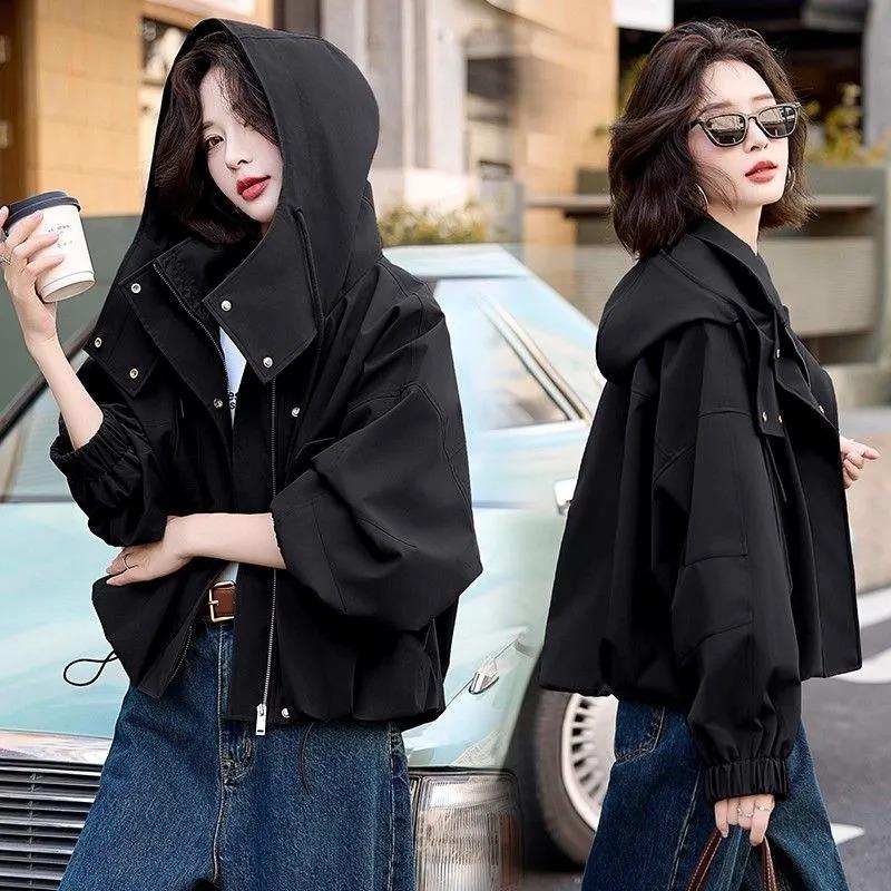 

Autumn Women s Burgundy Cropped Jacket Elastic Cuff Drawstring Casual Coat S чёрный
