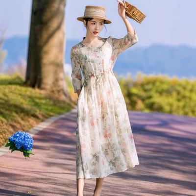 Kadınlar için V yakalı, yedi kollu, yüksek kaliteli, çiçekli, 2025 yaz yeni, mizaçlı, retro, pamuklu ve keten uzun etek