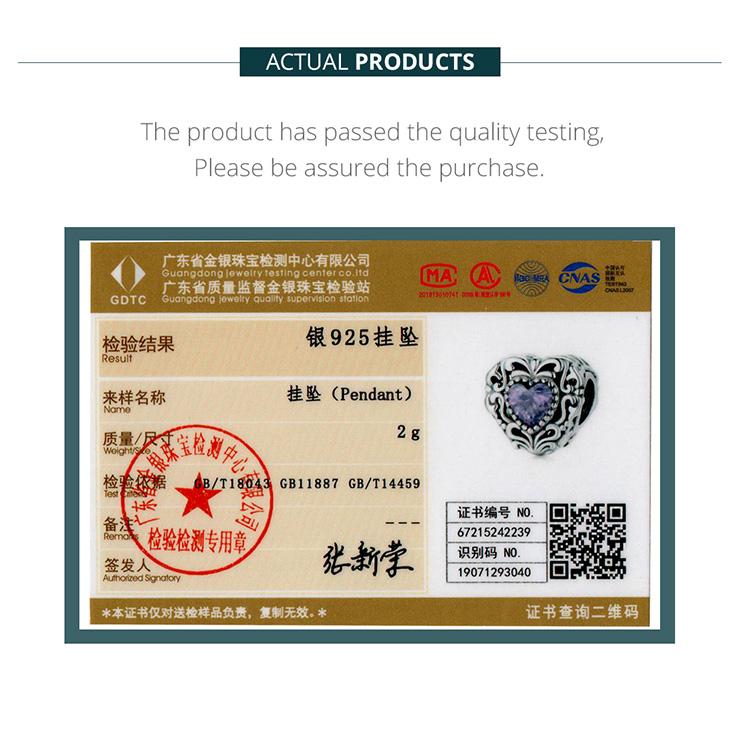 WOSTU Elegant Retro Pattern Purple Zircon Heart Shape 925 Sterling Silver Charm Pendant Beads fit Original Bracelet Bangle DIY Fine Jewelry
