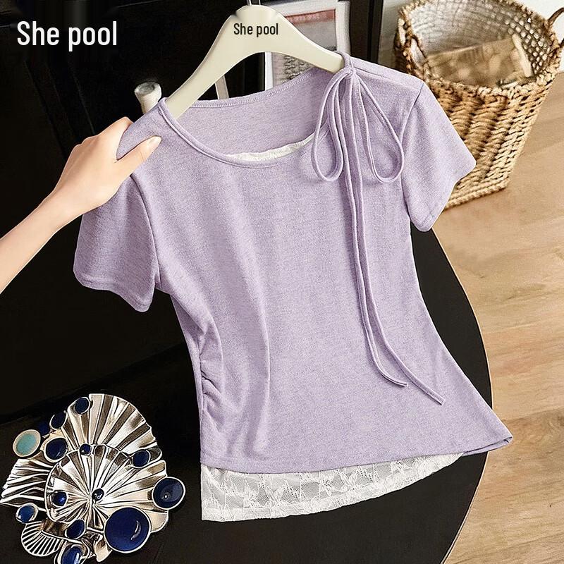 Women s Lace Patchwork Short Sleeve T-Shirt L фиолетовый