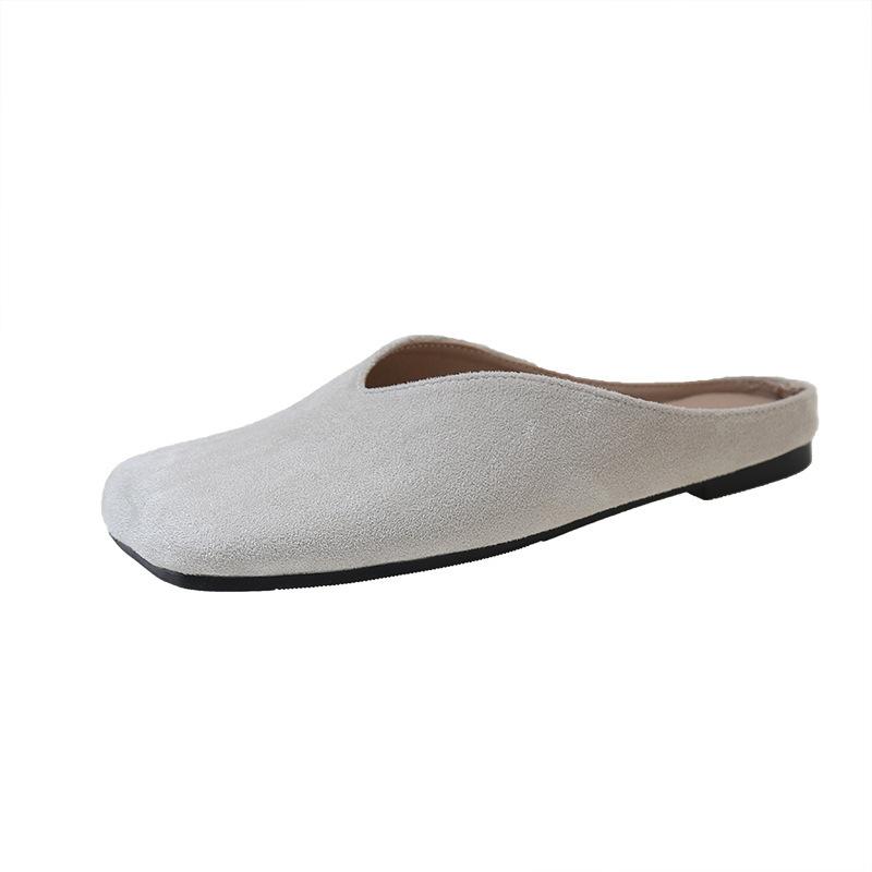 Retro Square Head Half Slippers Women's New Spring and Summer Suede Bag Head Soft Sole Flat Heel Slippers Flat Heel Shoes Large Size Shoes