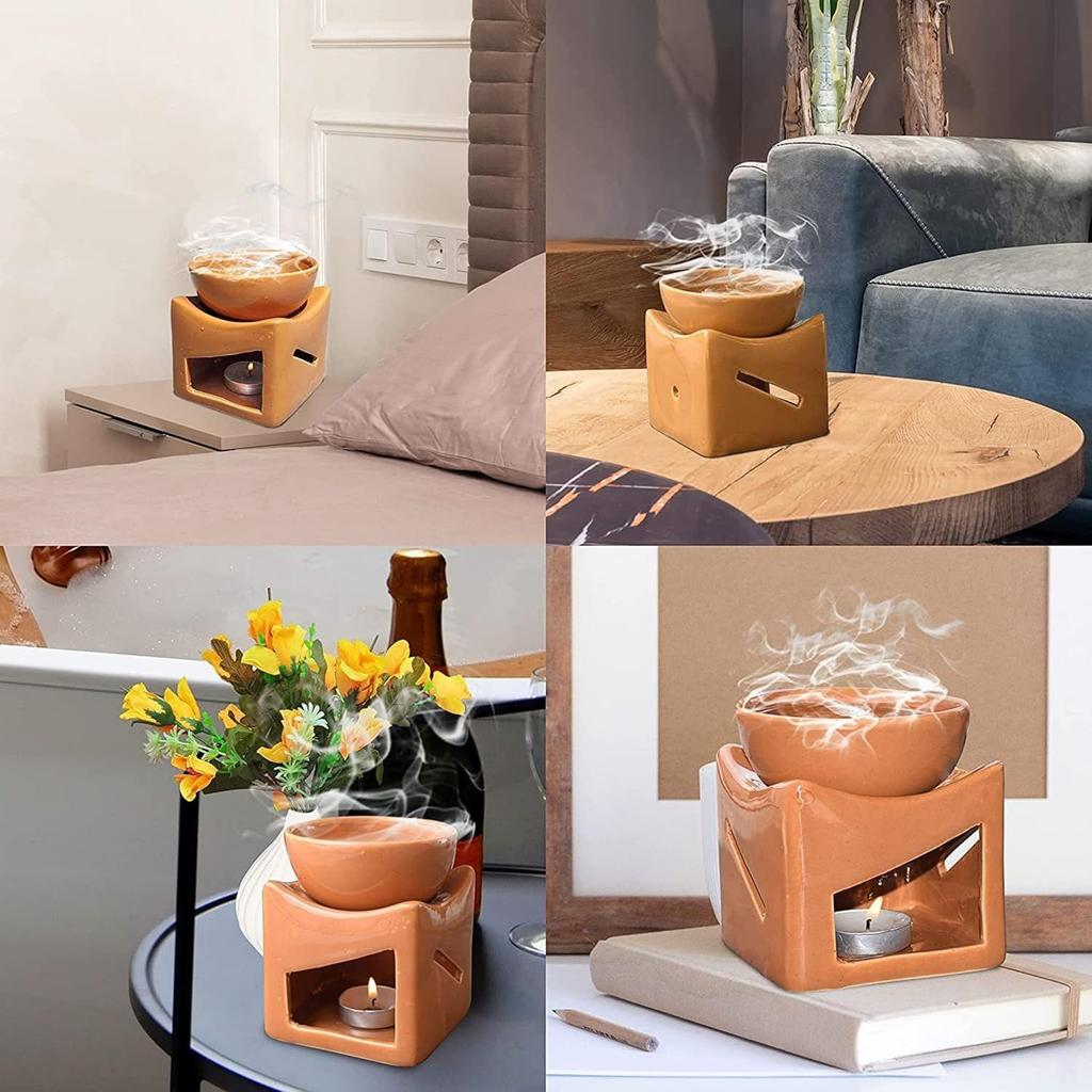 Ceramic Clay Candle Operated Aroma Burner Oil Diffuser, Extra Large Bowl, with 1 Tealight, 4.25 Inch, (Orange)