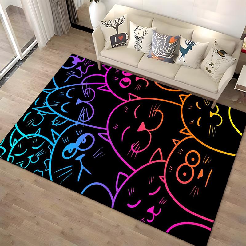 Colorful Neon Cats Pattern on Black Background Carpet1Cute Cartoon Cat Faces Design Suitable for use as an anti-slip1 for1room and bedroom sofas