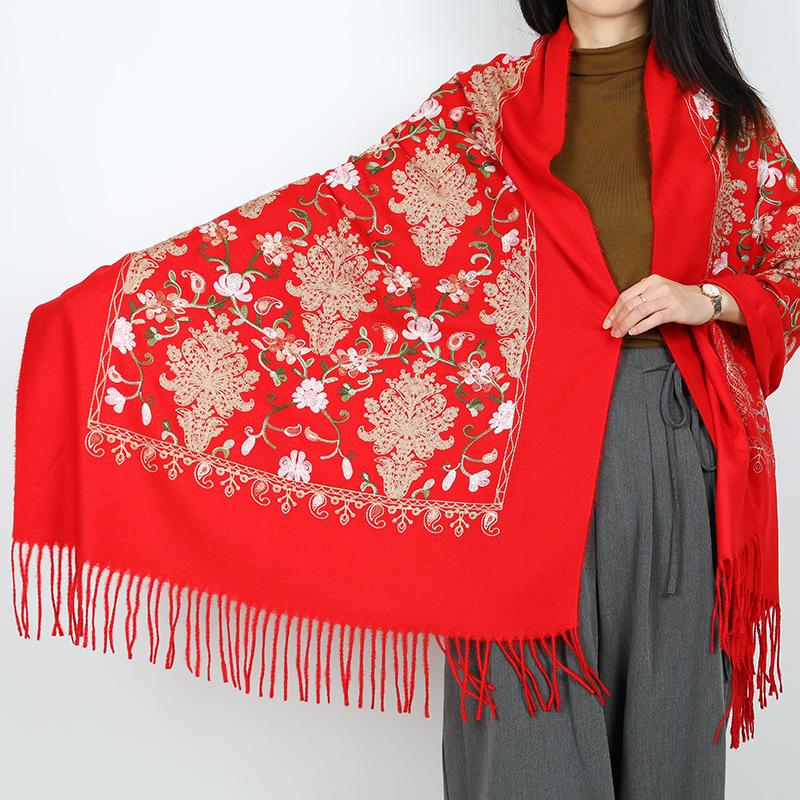 New embroidered women's scarf travel wear with fringed ethnic flowers outside with shawl windproof warm scarf