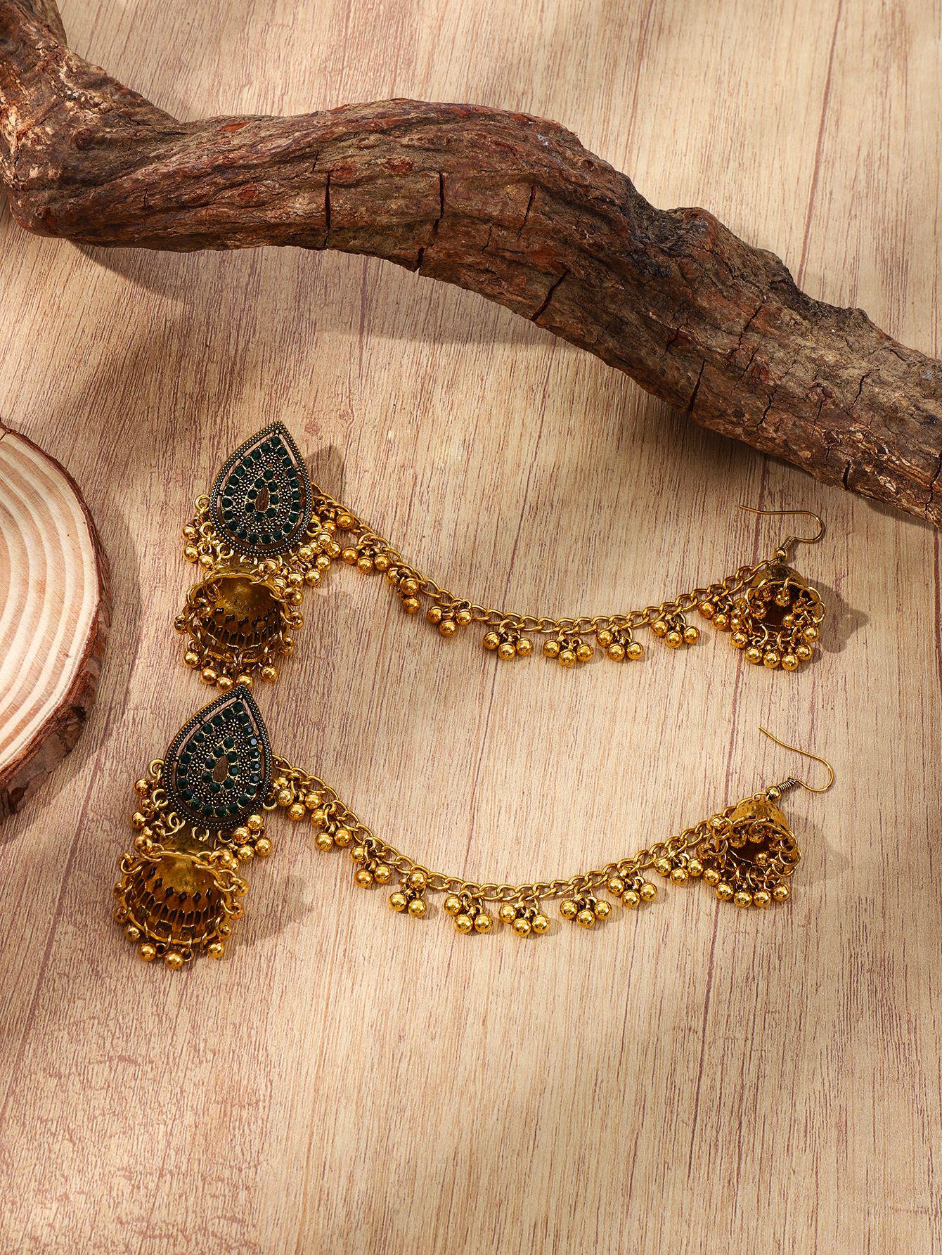 Retro Cross Diamond-Studded Tassel Flower Earrings - Bohemian Ethnic Light Luxury Indian Ear Chain темно-зеленого