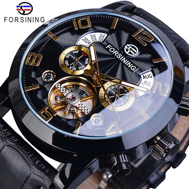 Fashion Forsining Top Brand Men's Automatic Mechanical Tourbillon Watches With Year Month Calendar Display Genuine Leather Strap