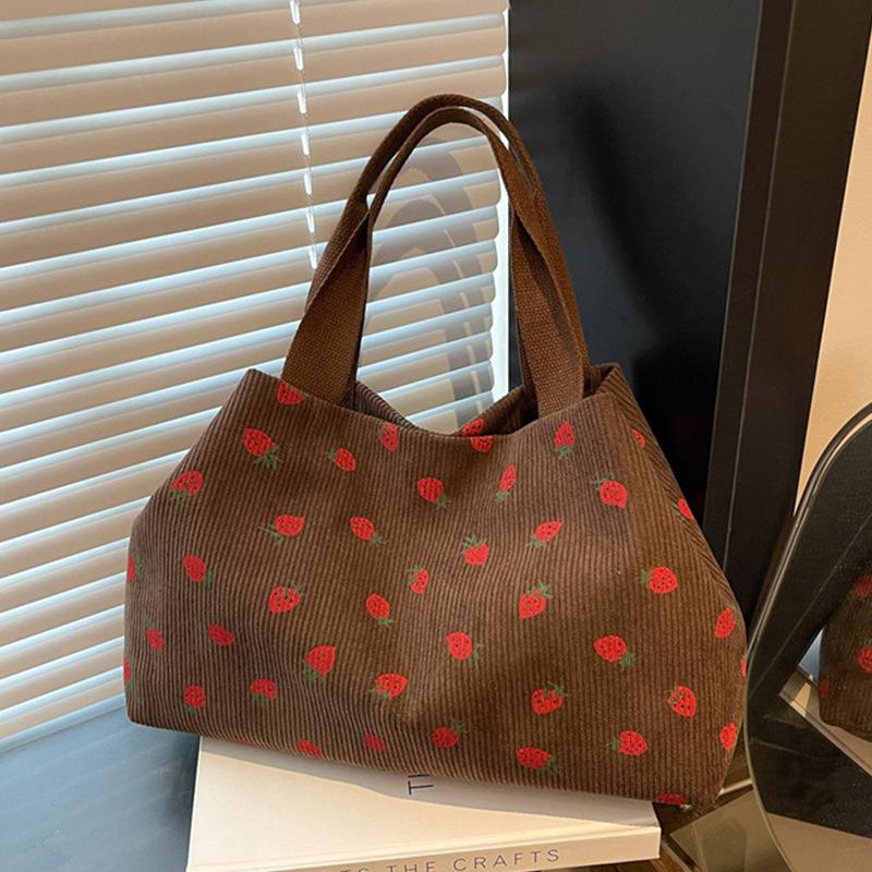 Korean New Strawberry Printed Corduroy Shoulder Bag Small Fresh Literary Tote Bag Girl Travel Shoulder Backpack
