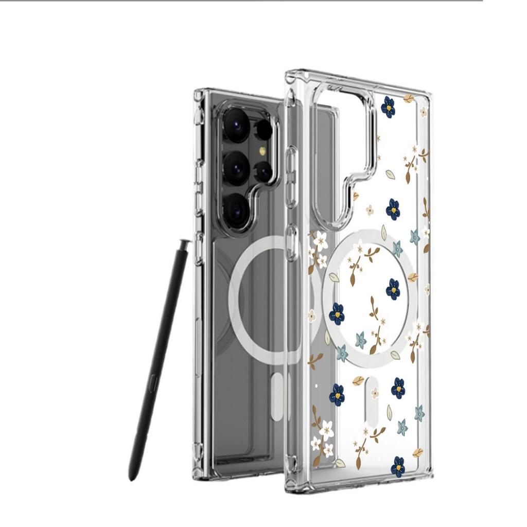 Blue Floral Magnetic Transparent Case for iPhone 15/16/17 Pro Max