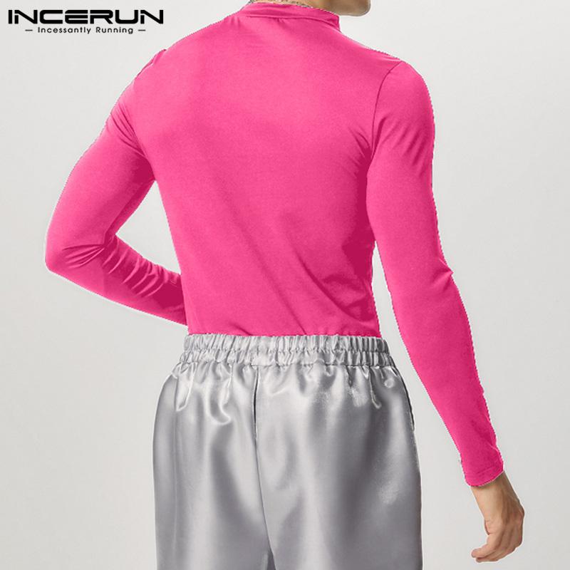 INCERUN Men Long Sleeve Mesh Sheer Patchwork Bodysuits See Through Club Playsuits