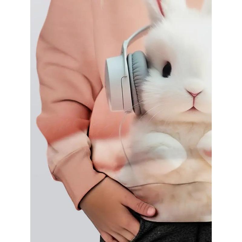 Autumn New Cute Rabbit Wearing Headphones 3D Simulation Childrens Pullover Trend Sweet and Energetic Girls Hooded Sweatshirt