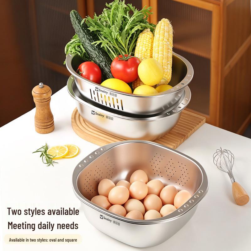 Stainless Steel Square Colander & Storage Basin Set for Washing Vegetables and Fruits