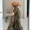 Women's Printed Maxi Dress Spaghetti Strap V Neck Flowing Boho Vacation Dress
