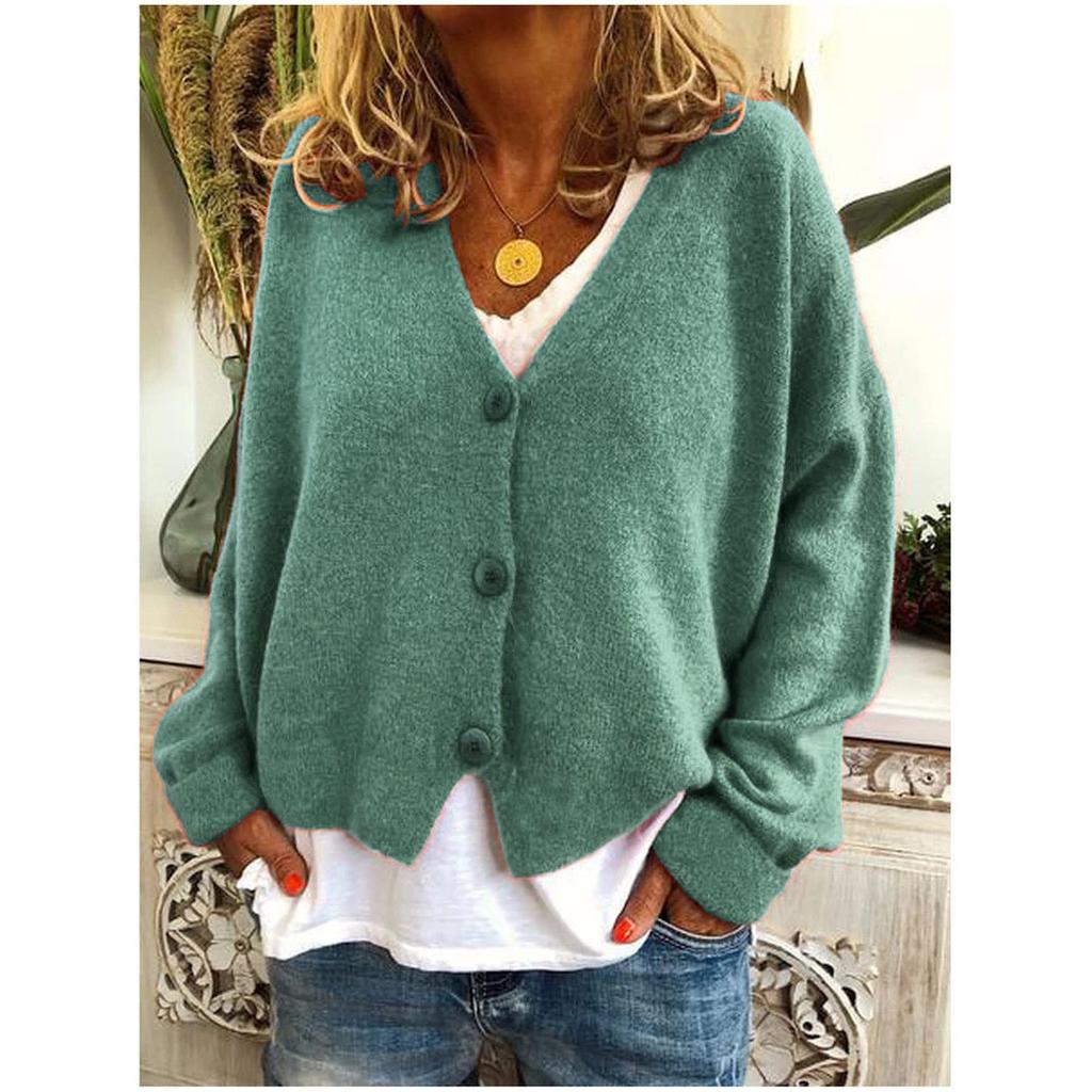 Women's Spring and Autumn Loose Knit Cardigan Solid Color V-neck Long-sleeved Single-breasted Loose Knit Sweater Coat