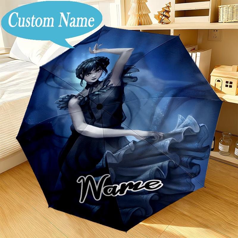 Custom Name Wednesday Umbrella Folding Umbrella, Automatic Umbrella 8-Frame for Travel, Casual Lightweight Birthday Christmas gift