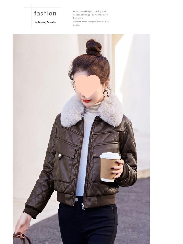 Women's Short Fleece-Lined Leather Motorcycle Jacket - Winter Fashion Cotton-Padded Coat