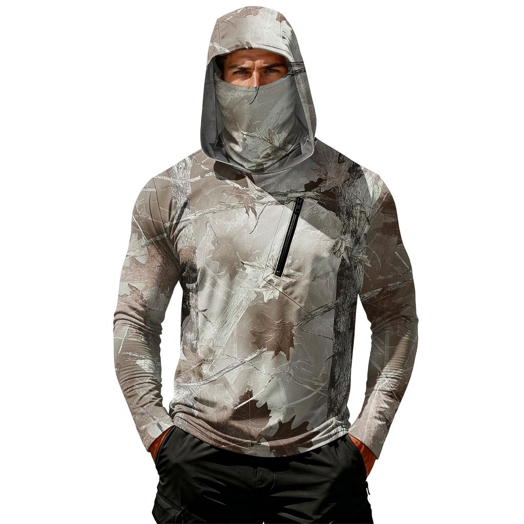 Men's Casual Hoodie Long Sleeve Lightweight Breathable Sun Protection Leaf Camouflage Printed Pullover Shirt with Hood and Chest Pocket