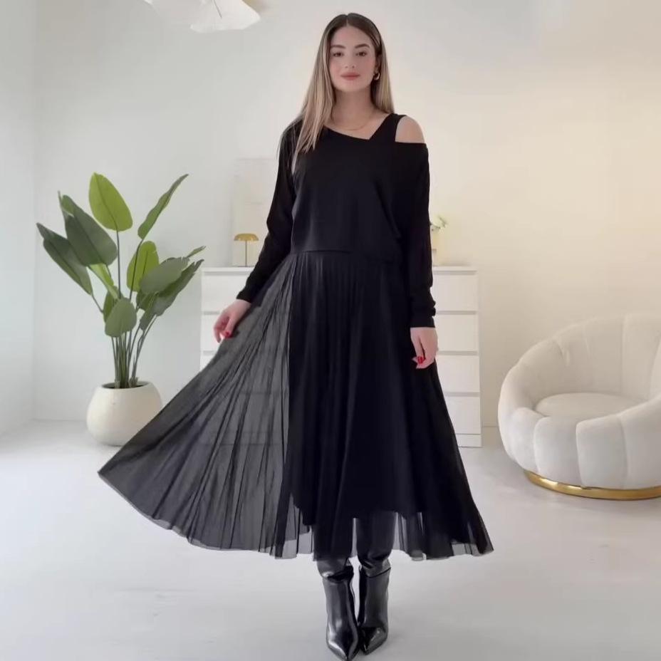 Cross-border European and American women's clothing Amazon sexy casual slanted shoulder long-sleeved top suspender bottom dress
