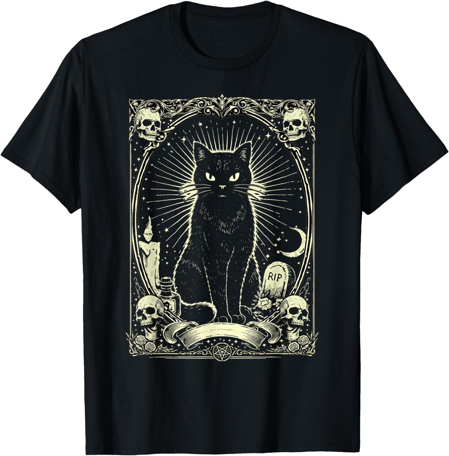 Gothic Black Cat Vintage Design T-Shirt S