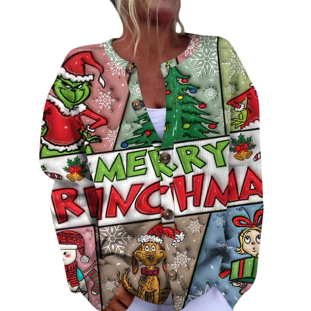 Women's Fashion Christmas Printed Long Sleeve Knitted Cardigan Button Down Jacket