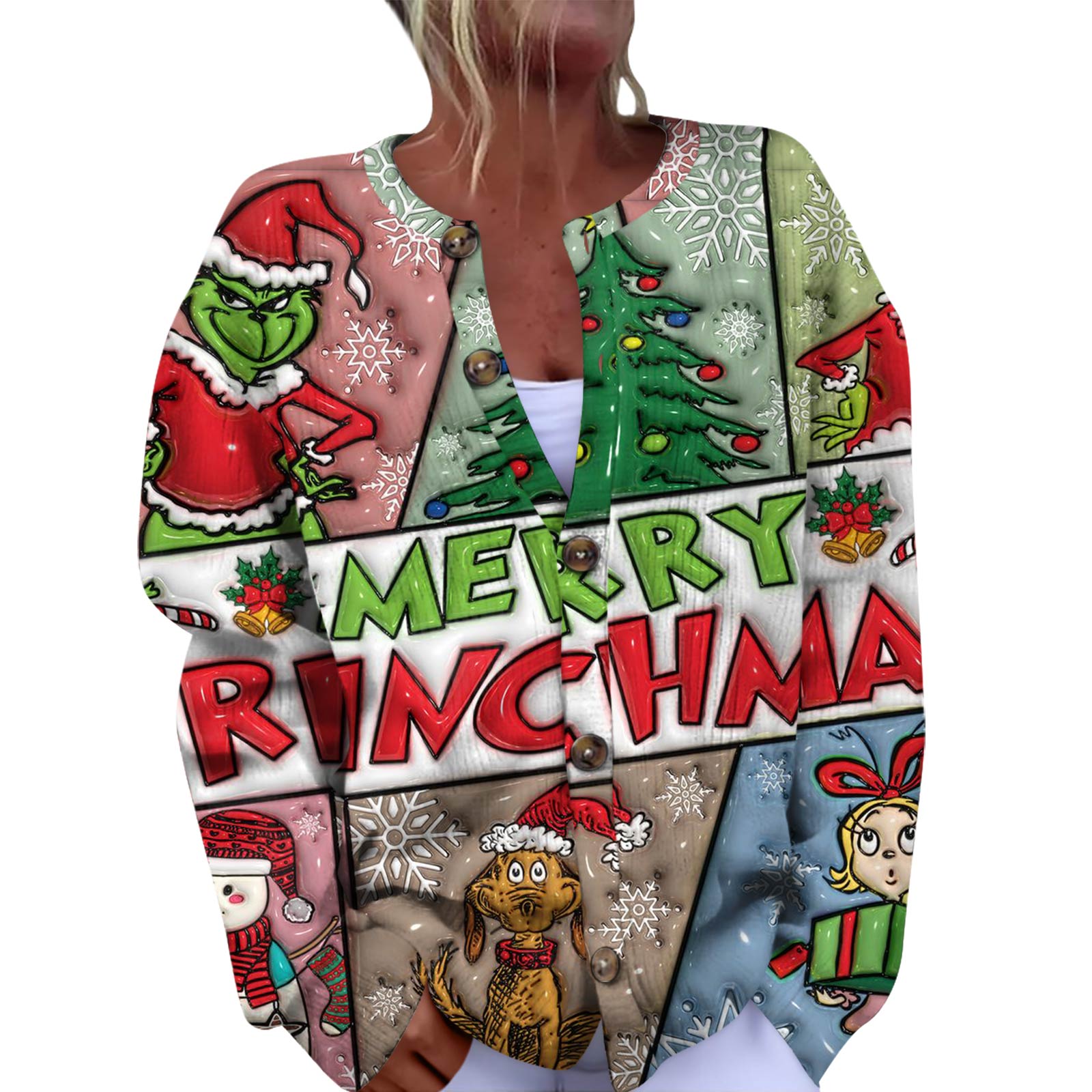 

Женская мода рождественский принт длинный рукав вязаный кардиган пуховик XXL