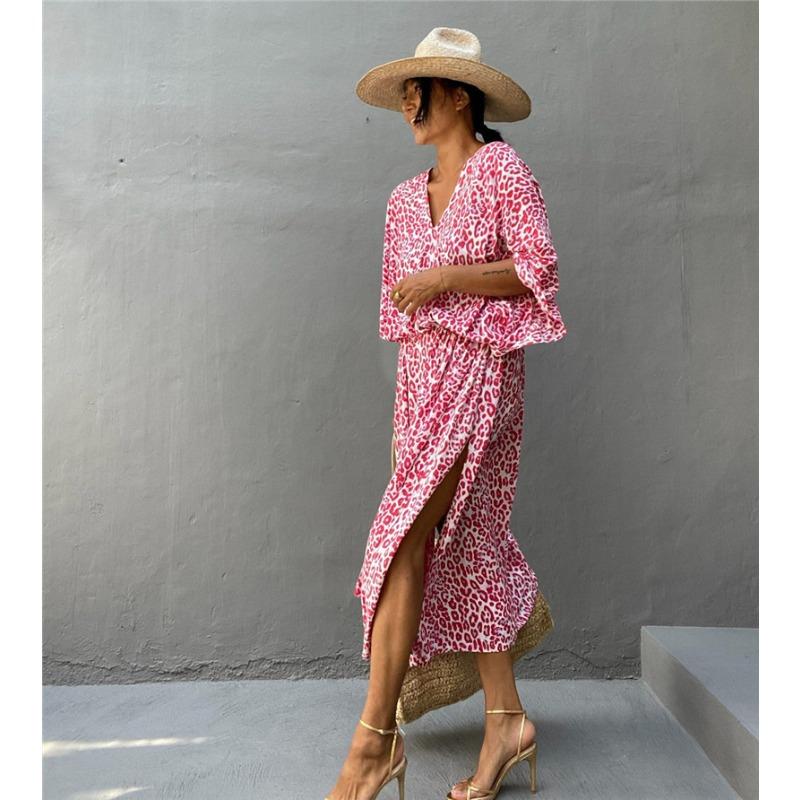 Strandkleid mit Leopardenmuster und Polka Dots in Übergröße für Damen, locker geschnitten, lang, zum Überziehen, Badeanzug